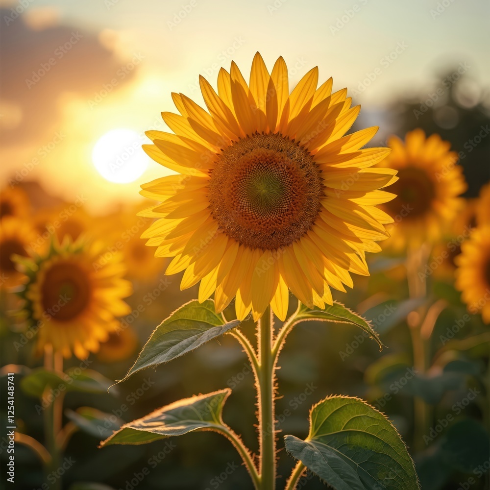 Obraz premium Close-up of yellow sunflower blossoms field at sunset time. Vibrant nature landscape with sunflowers farm at dawn for inspirational background. Summer vacation mood.