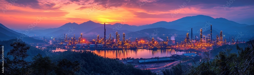 Naklejka premium Sunrise captures the outline of a petrochemical plant or an oil and gas refinery
