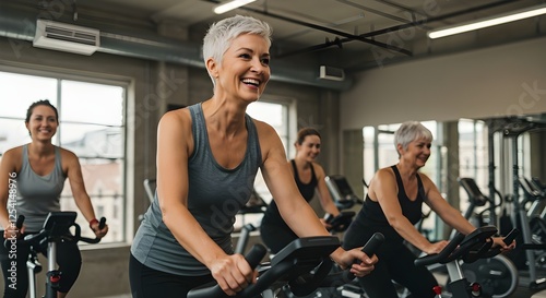 Sonriente, feliz, saludable y delgada mujer mayor con cabello gris practicando deportes en interiores con un grupo de personas en una bicicleta estática en el gimnasio
 photo