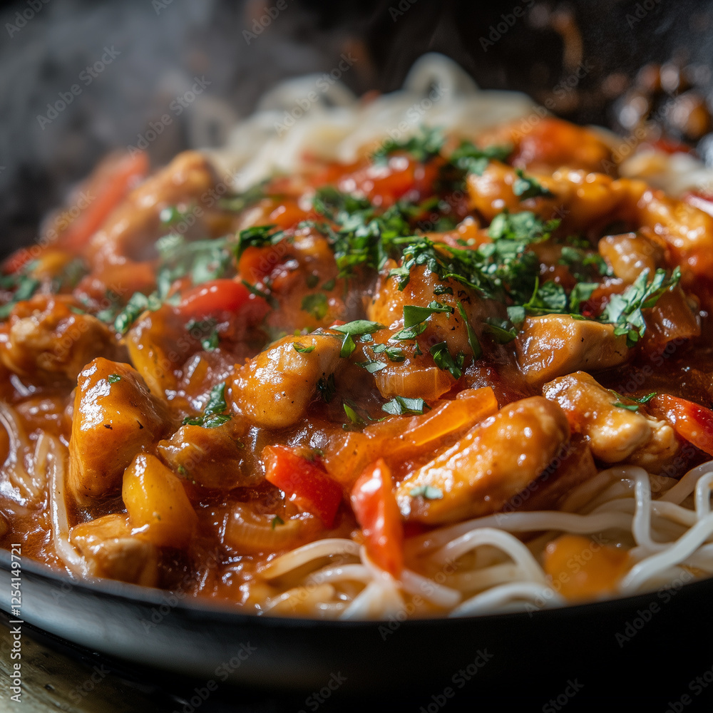 Asian Stir-Fried Noodles with Chicken and Vegetables in Black Pan Asian Stir-Fried Noodles with Chicken and Vegetables in Black Pan
