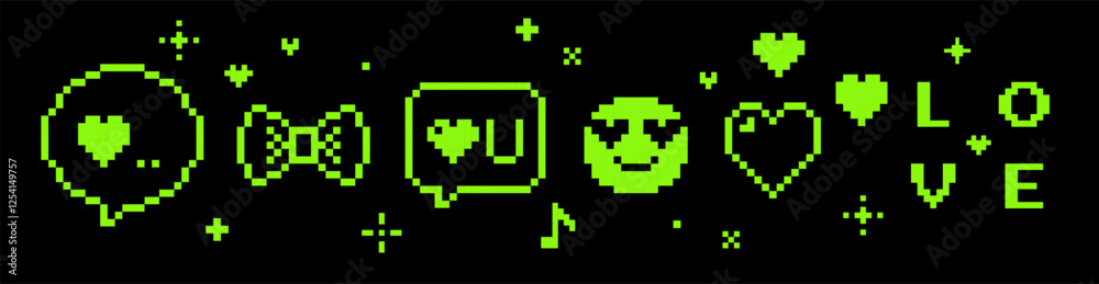 Obraz premium Retro pixel art design with hearts, bow icon, smile face and game abstract elements. Geometric love pattern. Trendy Y2k retro sticker. Playful pixel shapes. Mood of 90's aesthetics. Black background