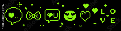 Retro pixel art design with hearts, bow icon, smile face and game abstract elements. Geometric love pattern. Trendy Y2k retro sticker. Playful pixel shapes. Mood of 90's aesthetics. Black background
