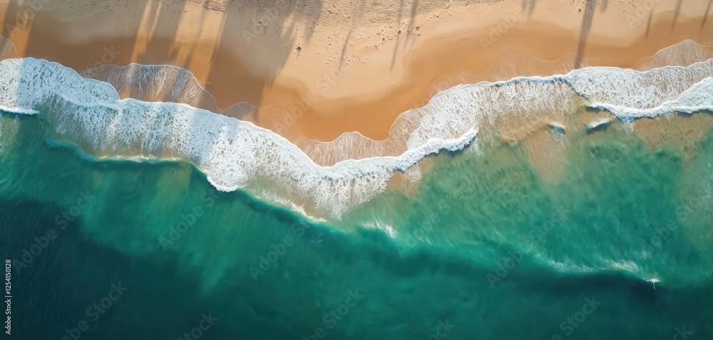 Fototapeta premium Aerial view of beach. Sand meets turquoise ocean water with wave foam. Tree shadows on sand. Summer vacation destination. Seaside resort illustration from above, idyllic tropical landscape.