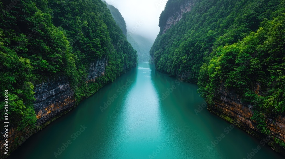 Misty River Gorge, Lush Green Cliffs, Calm Water, Scenic View, Travel Poster Misty River Gorge, Lush Green Cliffs, Calm Water, Scenic View, Travel Poster