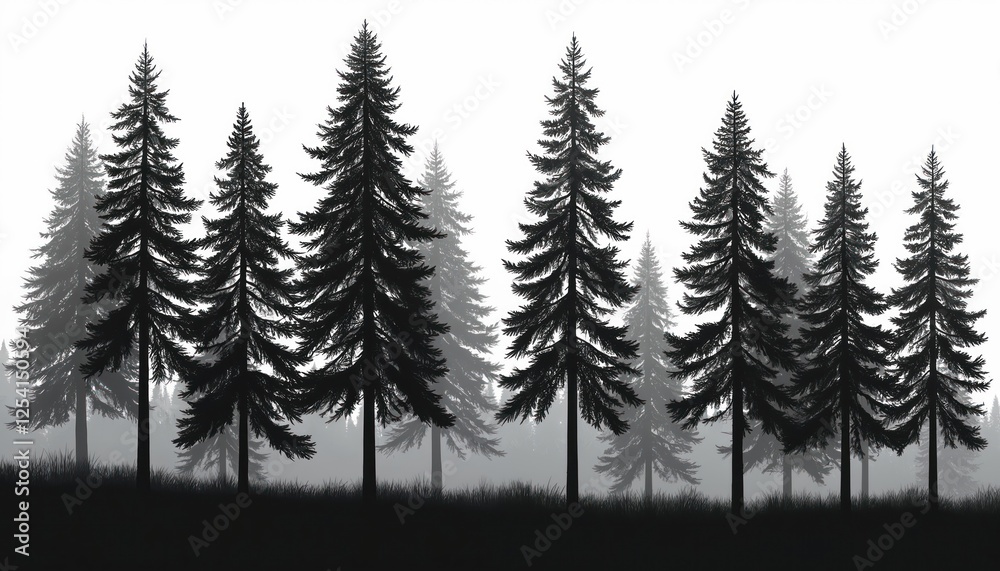Obraz premium Stylized black pine tree forest silhouette isolated on pure white background features intricate branches, tall trunks in serene monochromatic scene. Dark mysterious evergreen conifer woodland nature