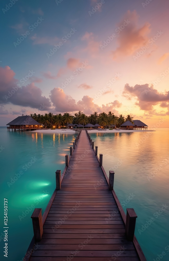 Fototapeta premium Amazing sunset panorama at Maldives. Luxury resort villas seascape with soft light under colorful sky. Tropical beach background. Beautiful twilight sky and colorful clouds reflection.