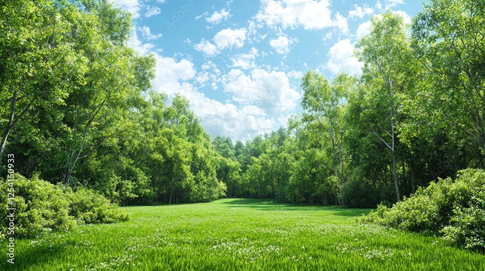 Obraz premium Lush green forest meadow, sunny day, nature background, perfect for travel brochure