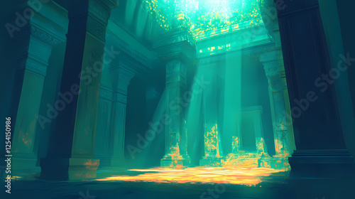 Sunlit abyss, an enigmatic underwater temple bathed in ethereal light, revealing ancient secrets amidst vibrant marine life. Underwater Temples. Illustration