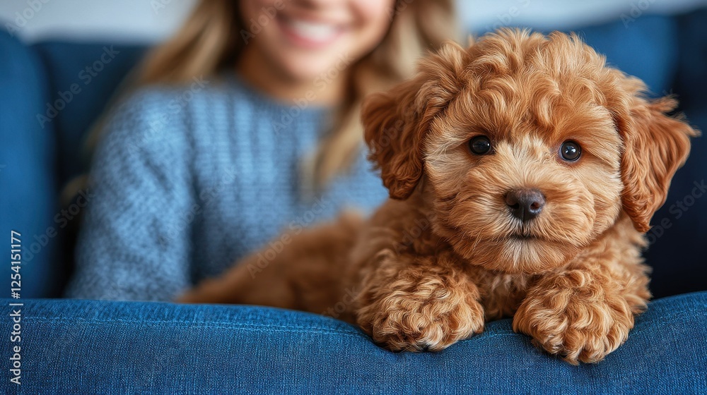 A cute little brown dog is laying on a blue couch next to a smiling woman. The dog's eyes are closed, and it is enjoying the company of the woman. Concept of warmth and happiness A cute little brown dog is laying on a blue couch next to a smiling woman. The dog's eyes are closed, and it is enjoying the company of the woman. Concept of warmth and happiness