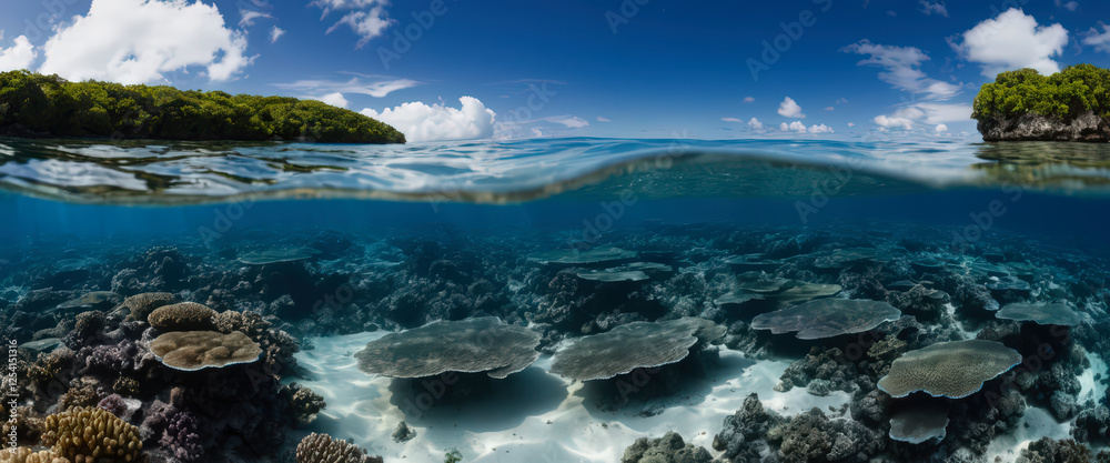 Beautiful split shot of a thriving coral reef below and tropical island landscape above the ocean surface, showcasing marine life and scenic natural beauty Beautiful split shot of a thriving coral reef below and tropical island landscape above the ocean surface, showcasing marine life and scenic natural beauty