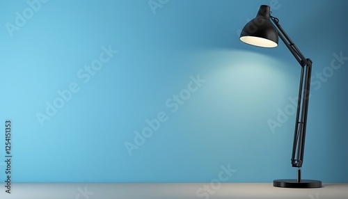 Sleek black desk lamp shedding soft light on a smooth blue wall, emphasizing a contemporary office environment. Blank background invites custom designs or text.