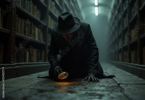 Mysterious scene of a detective searching for clues in an atmospheric, dimly lit library. photo