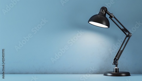 Sleek black desk lamp shedding soft light on a smooth blue wall, emphasizing a contemporary office environment. Blank background invites custom designs or text.