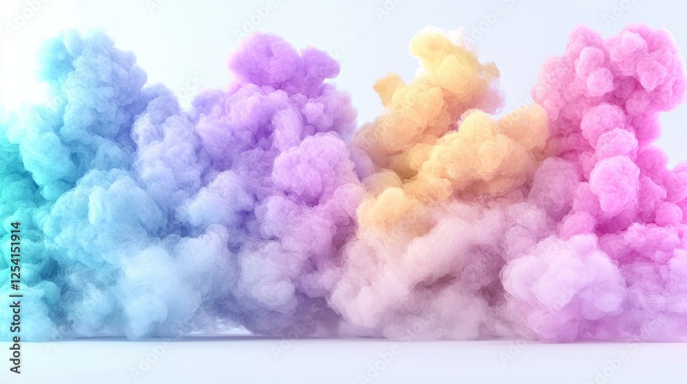 Fototapeta premium Colorful pastel smoke clouds in blue, purple, yellow, and pink billow across a clean white studio background.