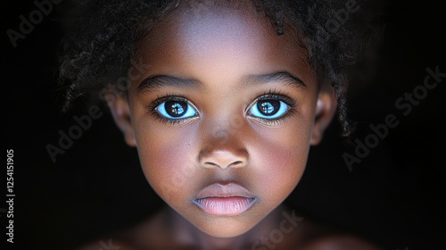 A young girl with dark hair and blue eyes is staring at the camera. The image has a moody and mysterious feel to it, as the girl's gaze seems to be focused on something beyond the camera photo