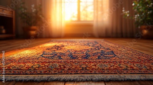 Sunrise prayer rug on wooden floor, plants