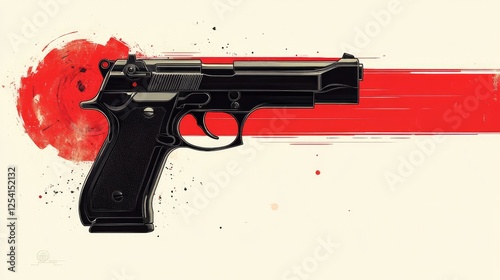 A stylized illustration of a handgun with a red splash background.