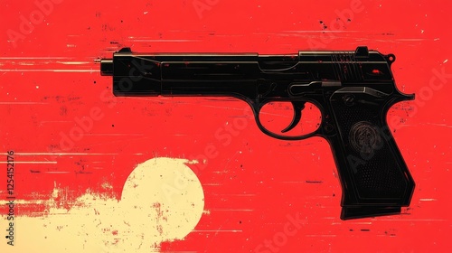 A stylized black handgun against a red background with a sun graphic.