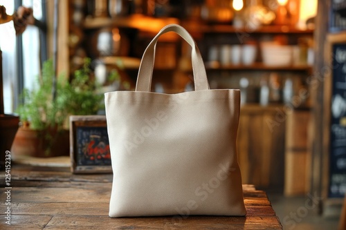 Stylish tote bag displayed on wooden table cozy atmosphere close-up product photography