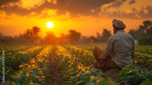 Indo Pak rural scene lower caste worker tilling fields his simple clothing posture contrasting landowner observing a distance wearing traditional upper caste attire the sun setting in the background