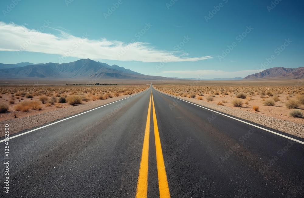 Naklejka premium Summer view of asphalt road in desert with yellow center line. Mountain range, land horizon, blue sky. Empty highway offers freedom, adventure. Travel to New Mexico USA.