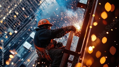 An ironworker welding steel beams on a high-rise building, with sparks flying and safety gear visible, High-rise construction scene