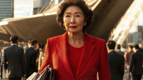 A woman in a red jacket is walking down a street with a purse. She is surrounded by a crowd of people, some of whom are wearing suits. The scene has a sense of busyness and formality photo