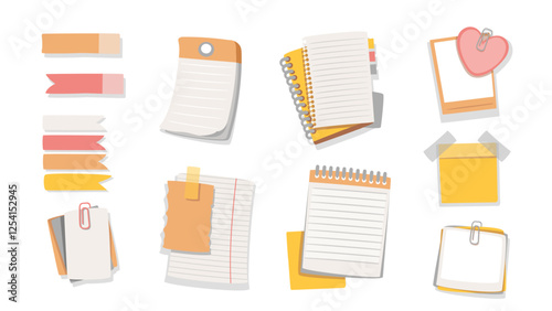 Note cartoon pad pages, paper stickers set. Funny ribbon bookmarks, notepad sheets with binder, metal clip post on board. Stationery, note mascot, cartoon cute memo messages vector illustration