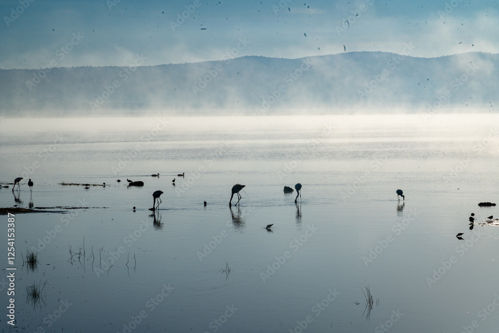 Flamingos and Waterbirds in the Misty Waters of Ngorongoro Crater Flamingos and Waterbirds in the Misty Waters of Ngorongoro Crater