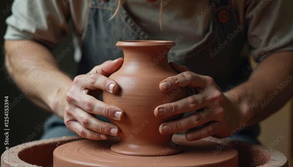 Clay artist sculpting in studio. Man forms vase in pottery. Potter makes jar with hand, handcrafts ceramic product, creates earthenware. Ceramist works in workshop, masters craft skill. Clay artist sculpting in studio. Man forms vase in pottery. Potter makes jar with hand, handcrafts ceramic product, creates earthenware. Ceramist works in workshop, masters craft skill.