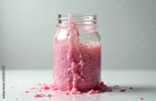 Moldy pink liquid in glass jar drips onto white surface, decomposition process. Decaying substance poses health risk, bacterial contamination. Unhealthy canned food spoilage. Rotten jam, expired photo