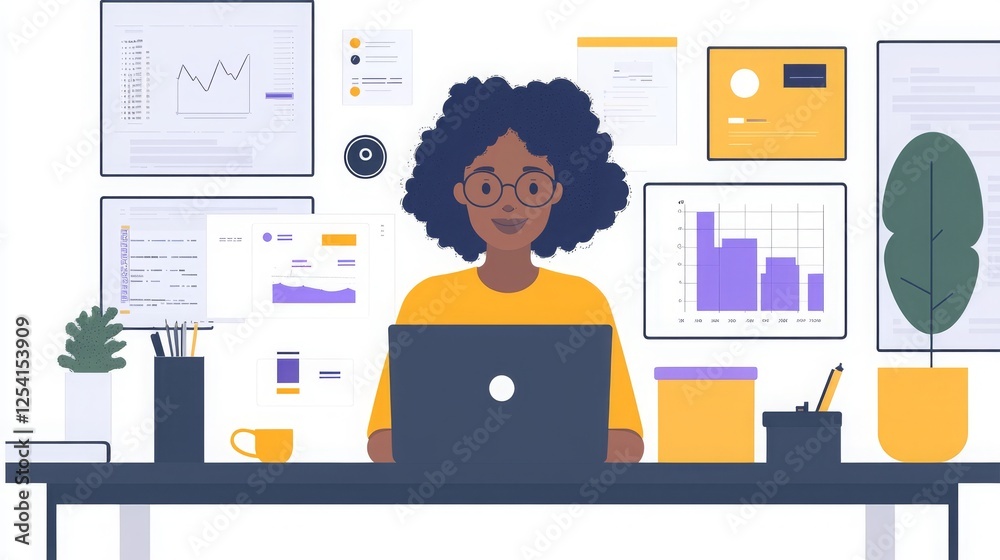 Professional Woman Collaborating in Tech Environment with Data Visualization and Creativity