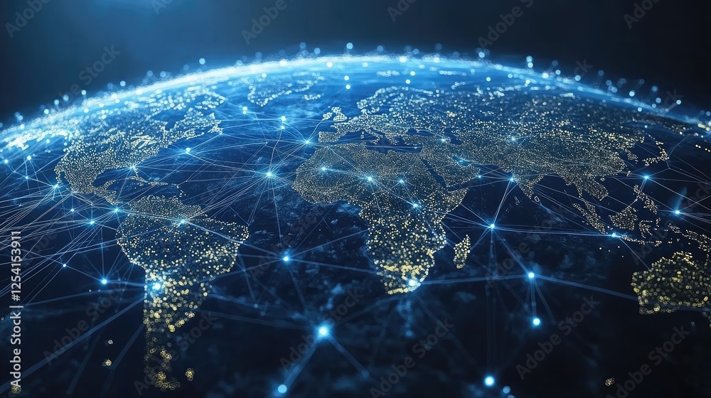 A digital representation of Earth showcasing global connectivity and data networks. A digital representation of Earth showcasing global connectivity and data networks.