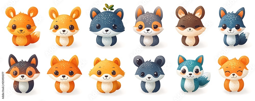 Collection adorable animal face illustrations set against a plain white backdrop, ideal for children's books or educational materials. Collection adorable animal face illustrations set against a plain white backdrop, ideal for children's books or educational materials.