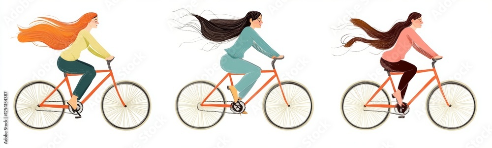 Young women riding bicycles with long hair flowing in wind