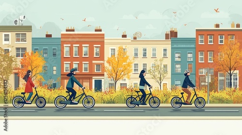 People riding bicycles in the city during autumn, national bicycle month