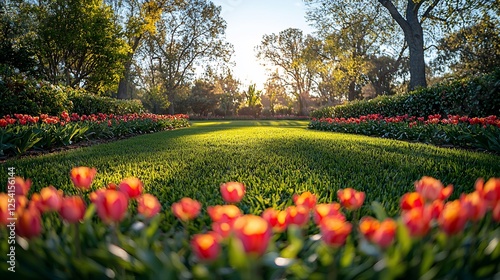 Wallpaper Mural Sunset garden tulips, spring lawn, park landscape Torontodigital.ca