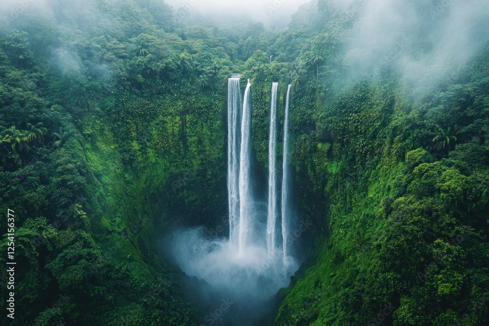 Fototapeta premium Waterfall cascading down lush jungle landscape, surrounded by dense green foliage and mist, creating a serene and picturesque scene.
