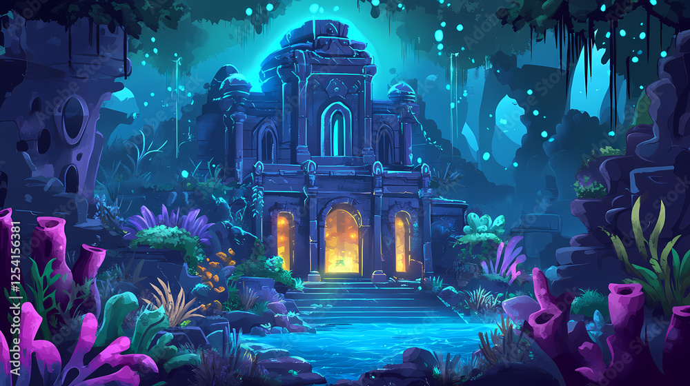 Mysterious underwater temple with glowing lights. Underwater Temples. Illustration Mysterious underwater temple with glowing lights. Underwater Temples. Illustration