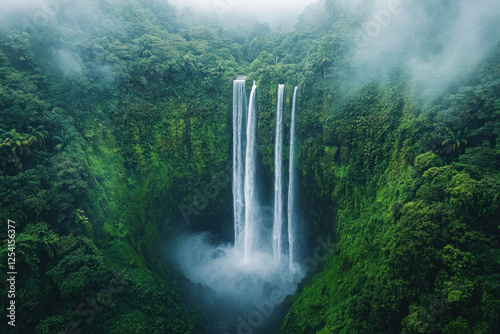 Wallpaper Mural Waterfall cascading down lush jungle landscape, surrounded by dense green foliage and mist, creating a serene and picturesque scene. Torontodigital.ca