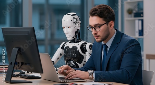 Un hombre de negocios trabajando junto a un cyborg de inteligencia artificial en una oficina, representando el futuro del trabajo y la integración de la IA en la fuerza laboral.
 photo