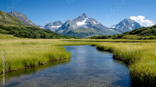 Alpine meadow stream, majestic mountains, sunny day, travel postcard