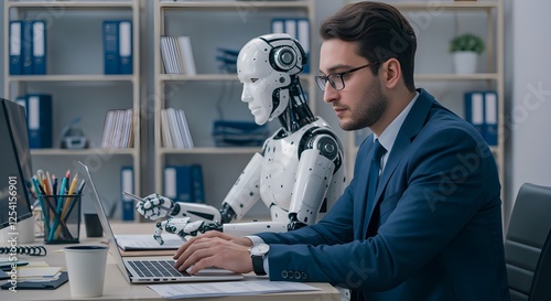 Un hombre de negocios trabajando junto a un cyborg de inteligencia artificial en una oficina, representando el futuro del trabajo y la integración de la IA en la fuerza laboral.
 photo