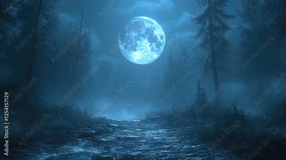 Fototapeta premium A serene moonlit forest scene with a glowing full moon illuminating a misty pathway.