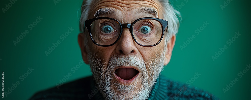 Senior man wearing glasses and making funny faces, proving that humor and playfulness have no age limit, set against a vivid green background. Senior man wearing glasses and making funny faces, proving that humor and playfulness have no age limit, set against a vivid green background.