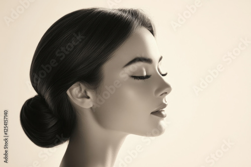 Woman with eyes closed, bathed in golden sunlight, sitting on a serene lakeside dock with mist rising from the water.