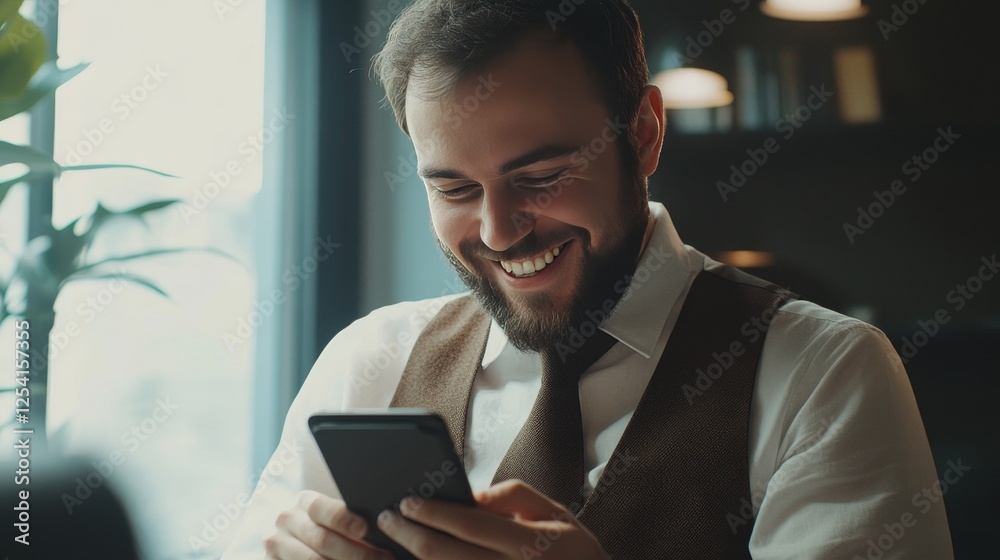 Fototapeta premium Businessman using phone at work, smiling and holding it, reading online. 