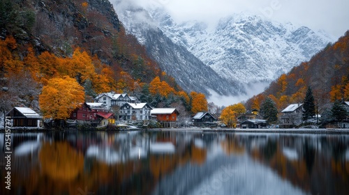 Autumn village by a lake with snow-capped mountains. Reflection. Stock photo photo