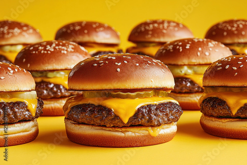 Group of cheeseburgers neatly arranged on a platter, perfectly stacked with melted cheese oozing out, making them irresistible for a tasty meal.