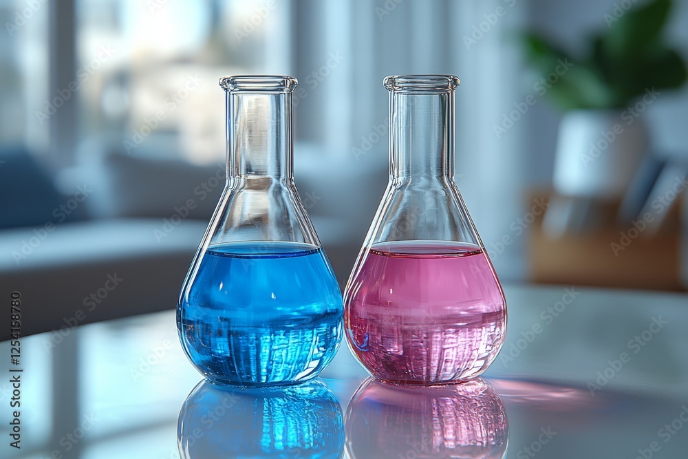 In a research medical science technology background, a blue red glass flask vial and chemical structure are depicted In a research medical science technology background, a blue red glass flask vial and chemical structure are depicted